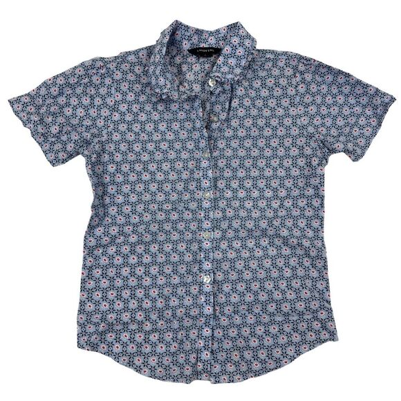 Lands End Girls Sz 8 Blue Floral Button Up Shirt S/S Flower Pearl Buttons Cotton - Picture 1 of 8